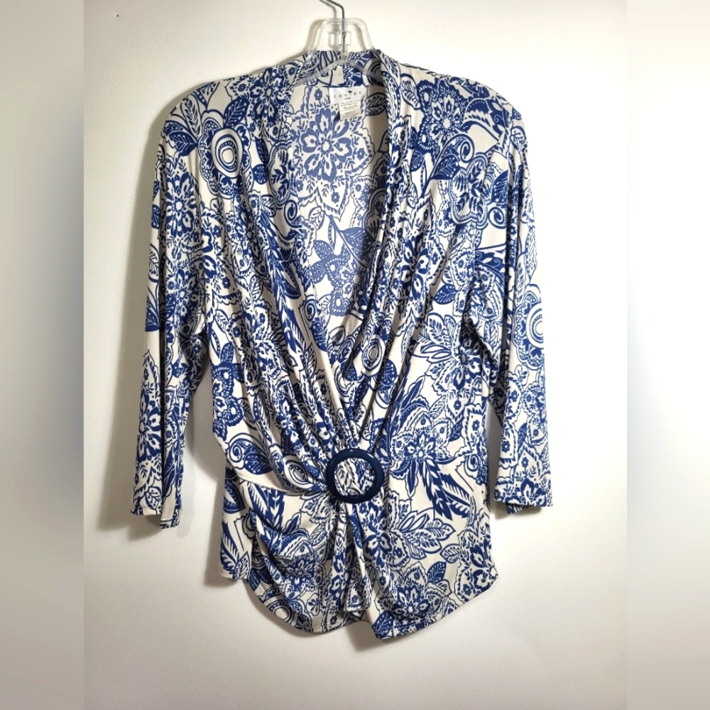 Caribe blue and white silky top   women's XL  #2175
